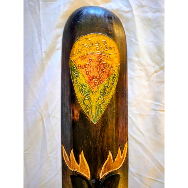 40" Hand-Carved Indonesian Wood Wall Mask - Elongated Balinese Tribal Foil-Accent Sculpture (39.5") For Sale - Image 4 of 6