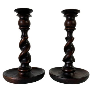 Vintage Carved Oak Barley Twist Candlesticks - a Pair For Sale