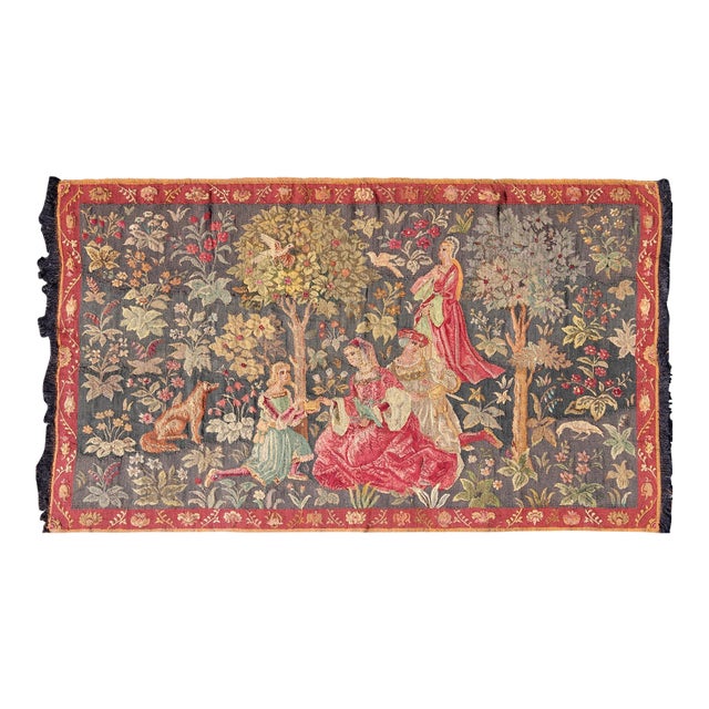 Antique French Tapestry in Gray Background and Vibrant Colors For Sale