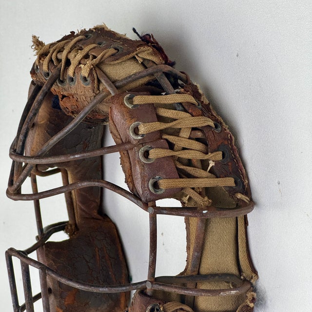 Brown Salvaged Early 20th Century Baseball Catcher's Mask With Metal Cage Guard & Leather Details For Sale - Image 8 of 9
