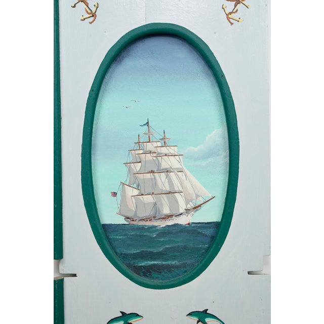 Late 20th Century Pair of Hand Painted Sailboat White & Blue Wood Wall Art Pieces For Sale - Image 9 of 16