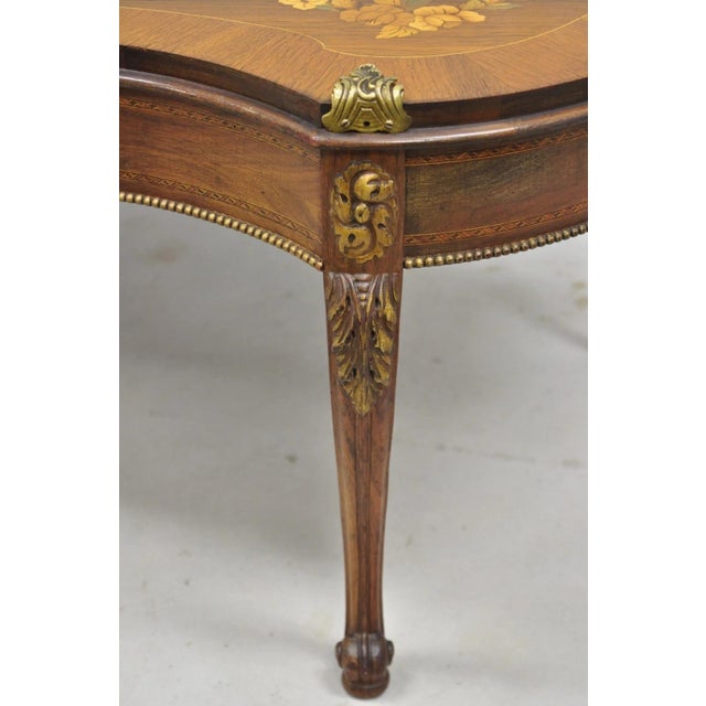 Early 20th Century Antique French Louis XV Style Floral Inlay Walnut Coffee Table With Drawer For Sale - Image 5 of 15