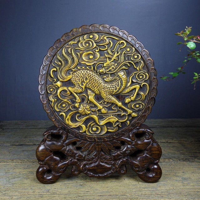 1980s Sandalwood Gilt Carved Qilin Screen on Stand | Chinese Chinoiserie Table Sculpture For Sale - Image 5 of 9