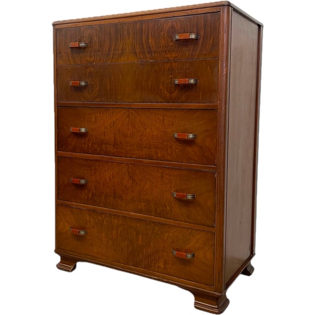 1970s Vintage Art Deco Highboy Dresser With Waterfall Front and Bakelite Style Handles For Sale - Image 11 of 11