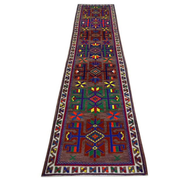 1960s 1960s Purple Colorful Geometric Design Handwoven Wool Vintage Turkish Runner 3' X 12'6" For Sale - Image 5 of 6