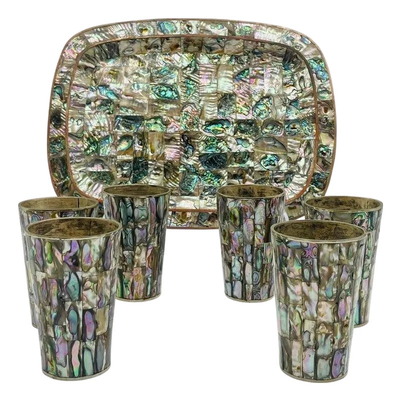 1950s Mexican Brass & Abalone Shell Tray With Five Alpaca Tumblers ...