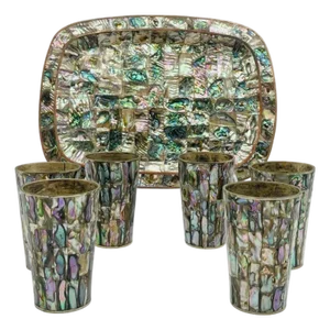 1950s Mexican Brass & Abalone Shell Tray With Five Alpaca Tumblers, Signed LMG