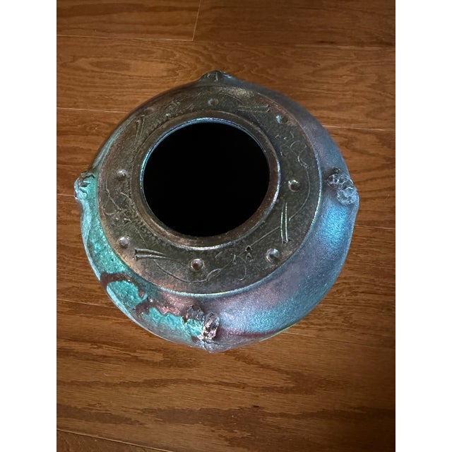 Exquisite Signed "Ryon" Large Studio Art Raku Lidded Vessel With Ceramic Branch-Like Handle With Decorative Jewel Adornment - Vintage For Sale - Image 9 of 12
