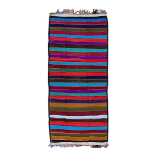 1960s Vintage Turkish Kilim Multicolor Handmade Stripes Wool Rug For Sale