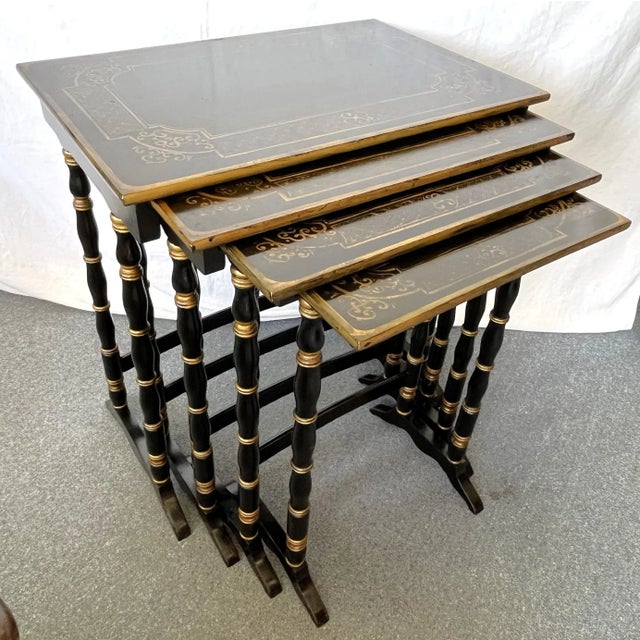 Vintage Hollywood Regency Nesting Tables in Ebony Finish With Gold Painted Accents- Set of 4 For Sale - Image 13 of 13