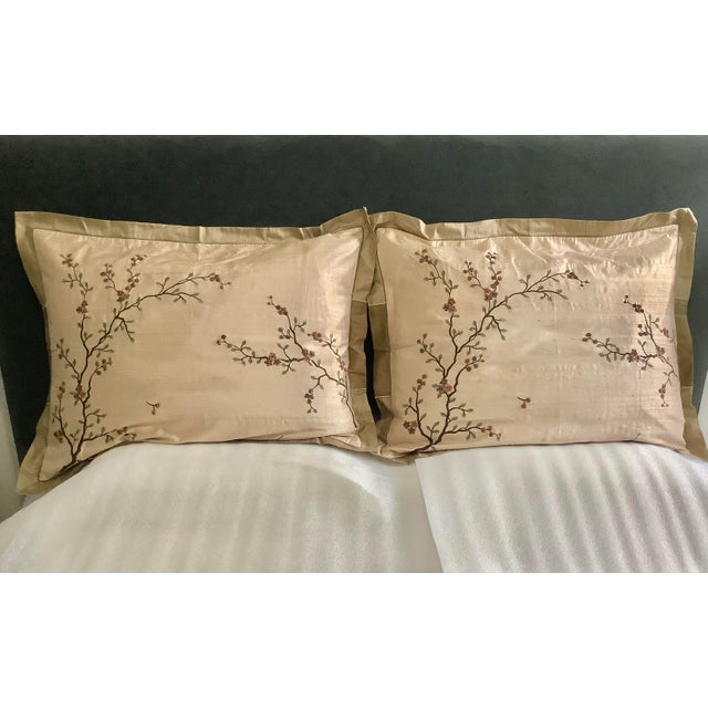 Japanese Garden Floral Embroidered Silk Decorative Pillow Sham Covers - a Pair For Sale - Image 9 of 12