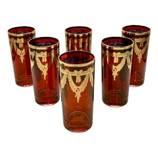 Italian Red Highball Glasses with 24k Gold Garlands from Interglass, 1980s, Set of 6 For Sale