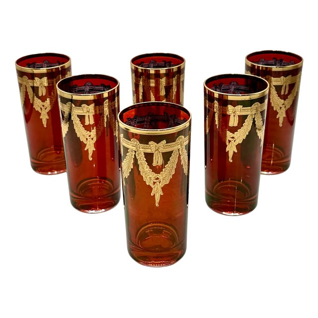 Italian Red Highball Glasses with 24k Gold Garlands from Interglass, 1980s, Set of 6 For Sale