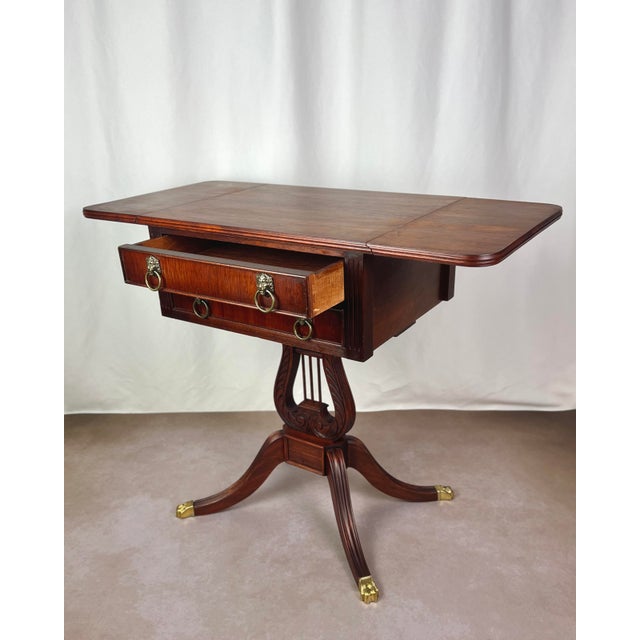 Auburn Early 20th Century Duncan Phyfe Revival Lyre Pedestal Mahogany Pembroke Side Table For Sale - Image 8 of 12