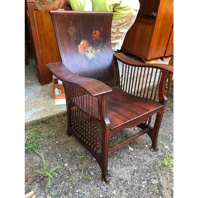 Antique American Empire Style Bentwood & Spindle Floral Hand Painted Back Library Armchair For Sale - Image 11 of 18