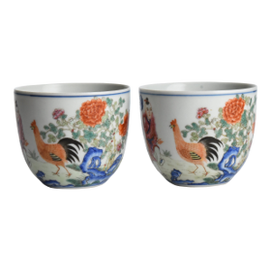 Early 20th Century Chinese Porcelain Famille Rose Chicken Cups Qianlong Fanggu Mark - a Pair