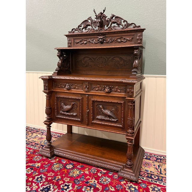 EXQUISTIE 19th Century Antique French Renaissance Revival Hunt Oak 3 Tier Server Sideboard Buffet Cabinet with Drawers~~...