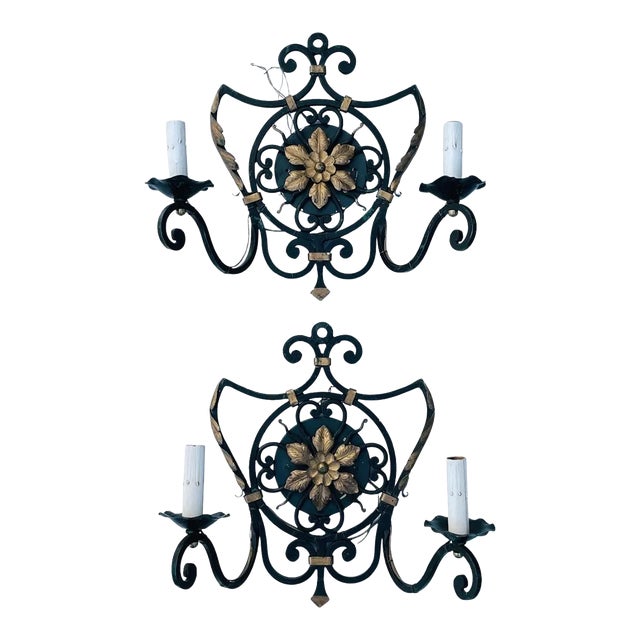 1970s Italian Wall Sconces with Metal Gilt Accents - A Pair For Sale