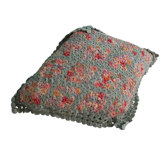 Farmhouse Jadeite Feedsack Tiny Yo Yo Trellis Pattern Diamond Shaped Pillow 1930's For Sale - Image 3 of 14