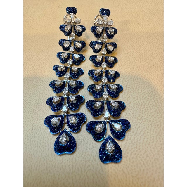 6 Ct Natural Blue Sapphire & 3 Ct Diamond hanging Earrings 18Kt White Gold 3" For Sale - Image 14 of 18