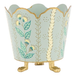 Green & Gold Floral Scalloped Bucket Tole Planter, Small For Sale