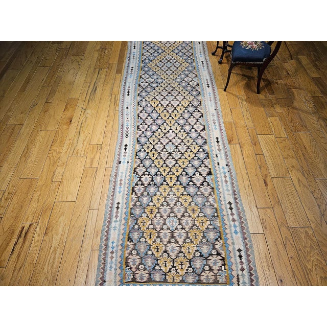 Vintage Persian Qazvin Tribal Kilim Runner, Handwoven Allover Paisley Pattern, Brown & Ivory, 4’ x 18’ For Sale - Image 4 of 17