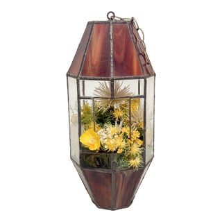 Large Vintage 60s/70s Mid Century Stained Glass Hanging Geometric Planter Terrarium For Sale