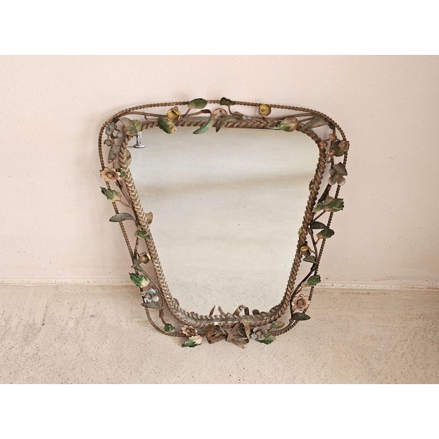 Mid-Century Modern Italian Hand-Painted Floral Wrought Iron Mirror with Ribbon Motif, 1950s For Sale - Image 3 of 10