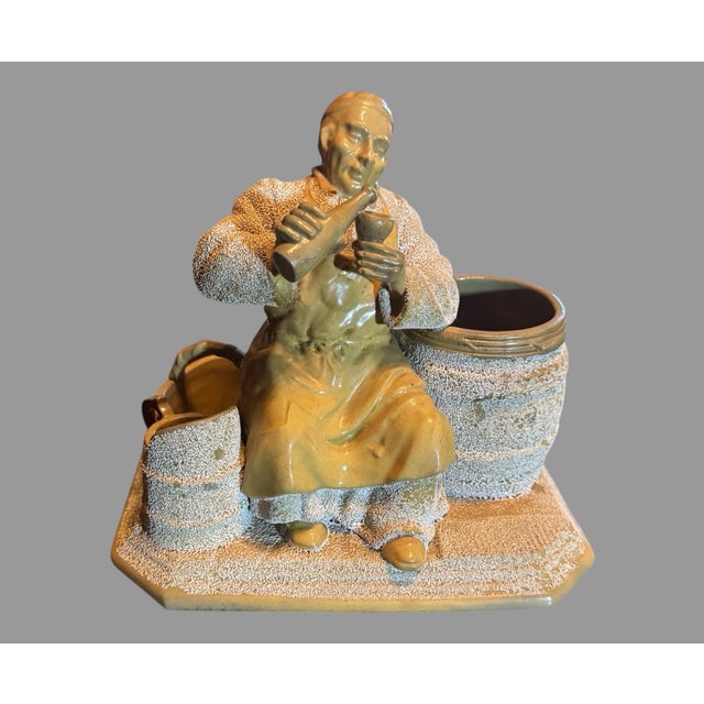 Sculpture Materials Antique Victorian Yellow Ware Sand Majolica Figural Drinking Friar Monk Smoking Stand For Sale - Image 7 of 7