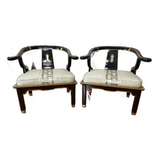 1980s Pair of James Mont–Style Black Lacquer & Brass Lounge Chairs by Century Furniture in Colefax & Fowler Silk For Sale