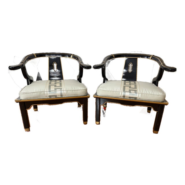 1980s Pair of James Mont–Style Black Lacquer & Brass Lounge Chairs by Century Furniture in Colefax & Fowler Silk For Sale