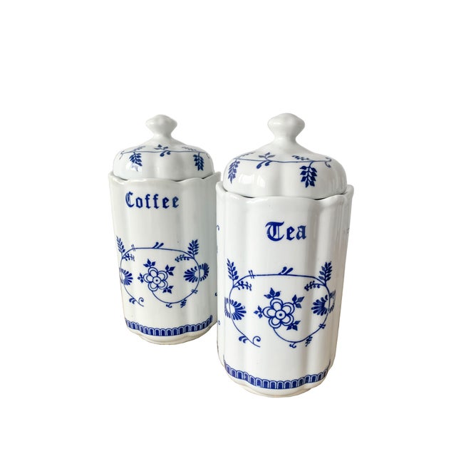 Mid-Century Blue and White Floral Ceramic Caddies from TC, 1950s, Set of 6 For Sale - Image 4 of 11