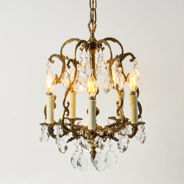 Vintage Petite French Brass and Crystal Chandelier For Sale - Image 15 of 17