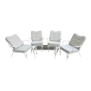 Vintage 1950s Woodward Style Wrought Iron White Chantilly Rose Pattern Set of 5 With Water Proof Cushion Patio Furniture For Sale