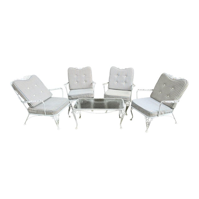 Vintage 1950s Woodward Style Wrought Iron White Chantilly Rose Pattern Set of 5 With Water Proof Cushion Patio Furniture For Sale