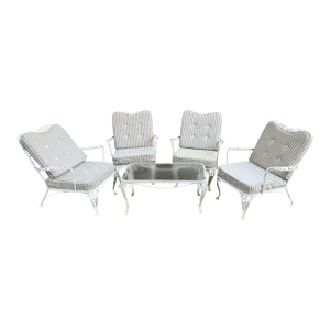 Vintage 1950s Woodward Style Wrought Iron White Chantilly Rose Pattern Set of 5 With Water Proof Cushion Patio Furniture