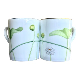 Vintage French Country Hermès "Nil" Porcelain Mugs With Lotus Motif with Gold & Silver Trim – Set of 2 For Sale