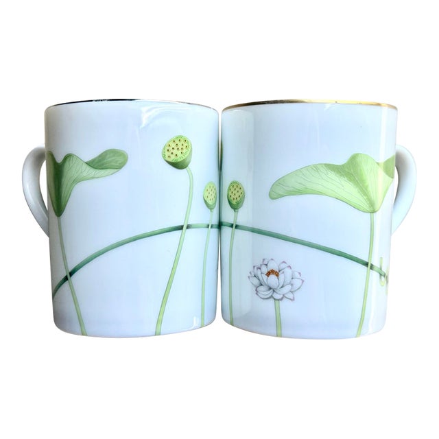 Vintage French Country Hermès "Nil" Porcelain Mugs With Lotus Motif with Gold & Silver Trim – Set of 2 For Sale