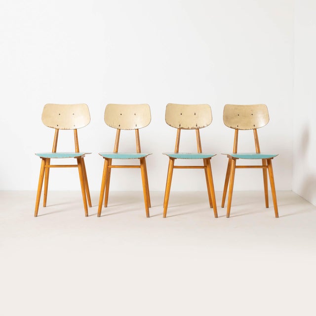 Mid-Century Modern Dining Chairs in Blue Painted Plywood, Czechoslovakia, 1960s, Set of 4 For Sale - Image 4 of 10