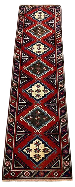 Vintage Turkish Red, Beige & Blue Tribal Runner Rug, 1950s