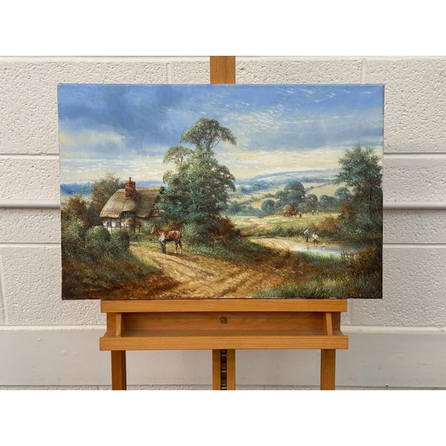 Rural Scene with Horses, Farm Workers & Thatched Cottage in English Countryside 1980 Circa For Sale - Image 4 of 16