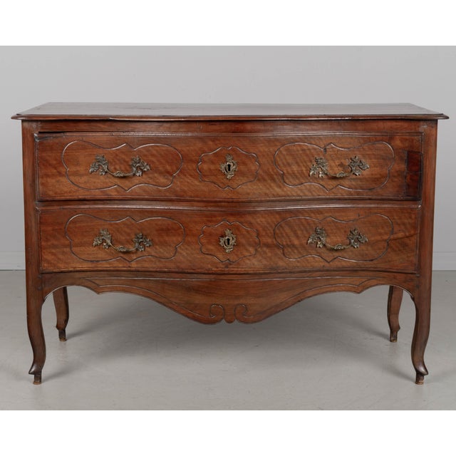 French Italian Louis XV Walnut Commode, Hand-Carved With Bronze Hardware For Sale - Image 3 of 14