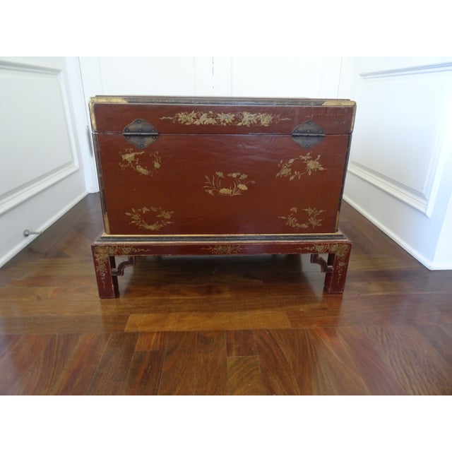 Chinese Vintage Large Chinese Leather Bound Trunk on Separate Base For Sale - Image 3 of 5