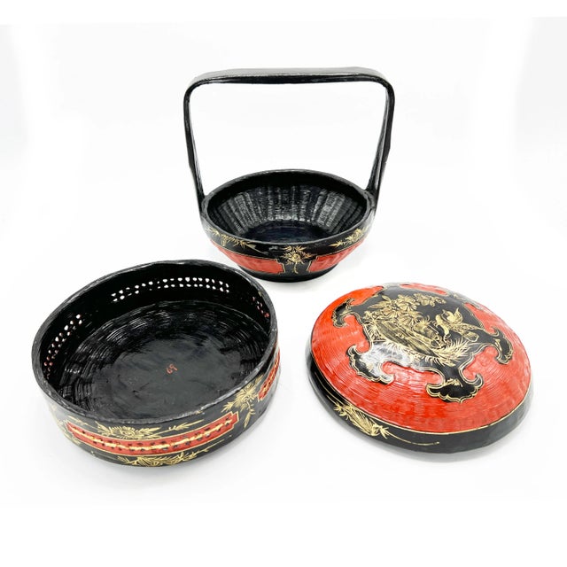 Mid-Century Modern 1960's Mid Century Traditional Hand Crafted Red, Black, and Gold Lacquered Solid Wood & Wicker Wedding Basket / Storage Box For Sale - Image 3 of 4