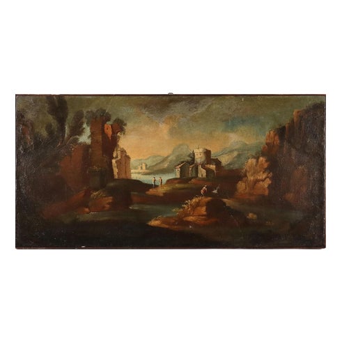 Venetian School, Landscape with Figures, Oil on Canvas, Framed For Sale