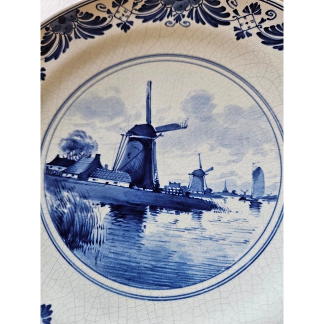 Blue Two Classic Delft Plates of Windmills and Sailing Ships Circa 1905 and 1906 For Sale - Image 8 of 9