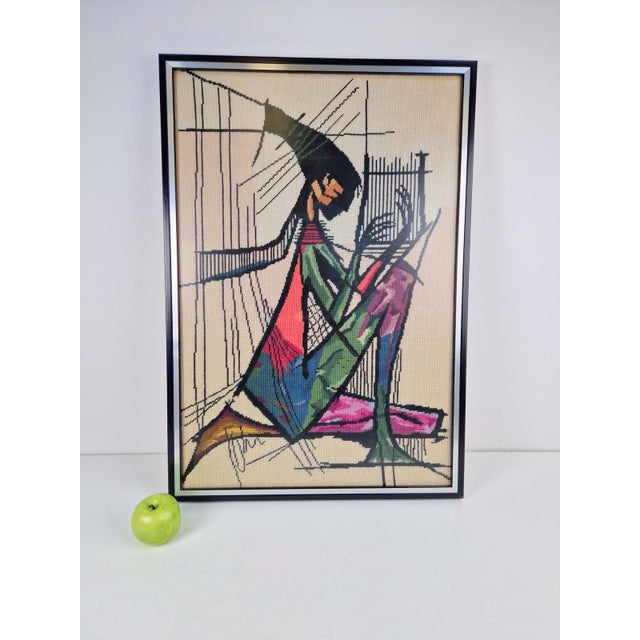 Vintage Framed Embroidered Harp Player Wall Art Tapestry, 1970s For Sale - Image 4 of 7
