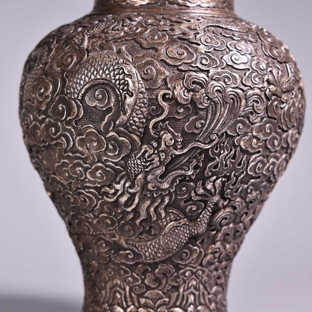 Metal Vintage Silvered Copper Dragon Ginger Jar | Repousse Dragon Vessel | Chinoiserie Decor For Sale - Image 7 of 10
