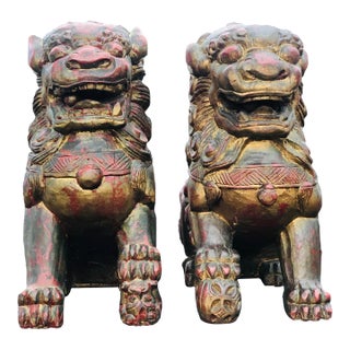 Antique Asian Chinese Carved Wood Foo Dog Figures- A Pair For Sale