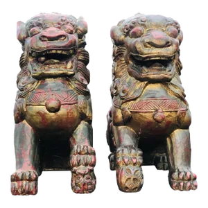 Antique Asian Chinese Style Carved Wood Foo Dog Figures- a Pair